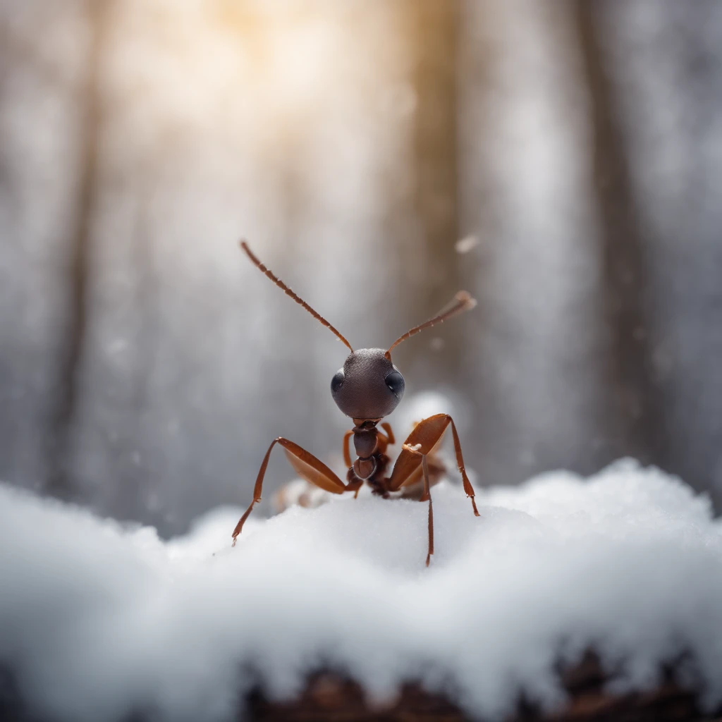 an ant holds an acorn in the snowy forest