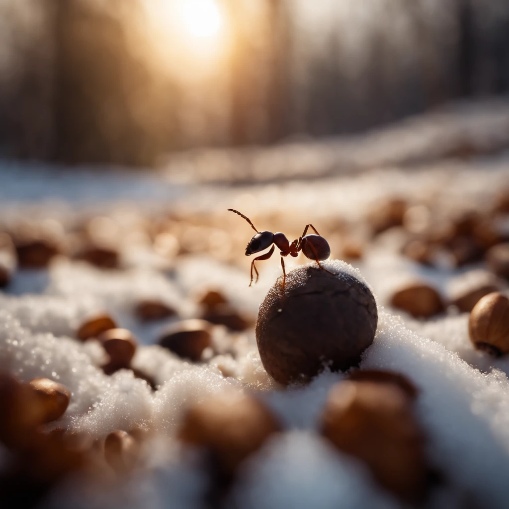 an ant holds an acorn in the snowy forest
