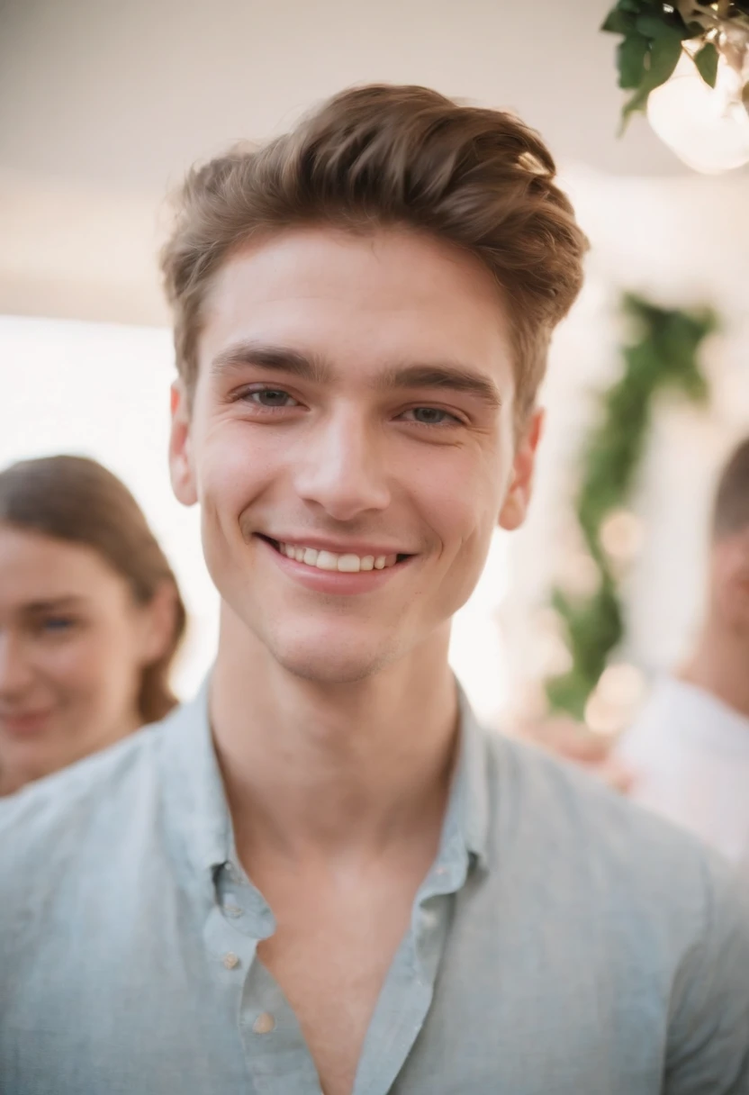 realistic photo, a young men smiling at a party, photography taken with flash, white background white wall of home portrait analog photography, grain film, vintage photo, in the style of lo-fi aesthetics,upper body