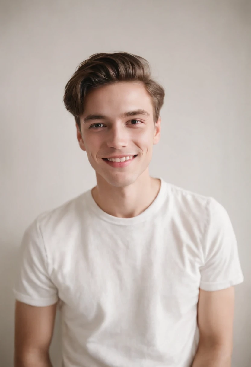 realistic photo, a young men smiling at a party, photography taken with flash, white background white wall of home portrait analog photography, grain film, vintage photo, in the style of lo-fi aesthetics,upper body