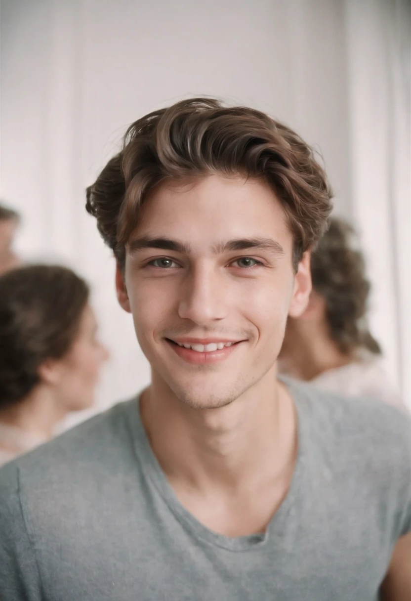 realistic photo, a young men smiling at a party, photography taken with flash, white background white wall of home portrait analog photography, grain film, vintage photo, in the style of lo-fi aesthetics,upper body
