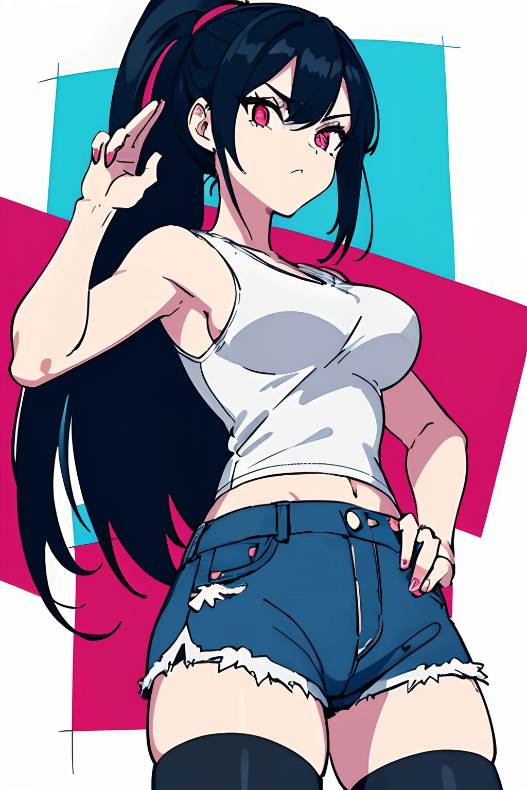 (masterpiece:1.3), (the best quality:1.2), (super fine illustrations:1.2), (Masterpiece), high quality, high detail, ((unparalleled masterpiece, best quality, perfect artwork)), high contrast, flat color, white background, long ponytail hair, big breasts size, black hair, detailed glowing red eyes with distinct pupils, looking at another, [(pale blue background:1.1)::5], [(game character portrait:1.2):5], (cool pose:1.2), hands in pockets, (tripped), {hands hidden}, {{{hands in breast}}},{{hands in tumble, from front, wearing tanktop, short jeans, black stockings, Colorful paint explosion pattern, strange sky, (illustration:1.2), very wide shot, (line drawing:1.2), {{only five fingers}}