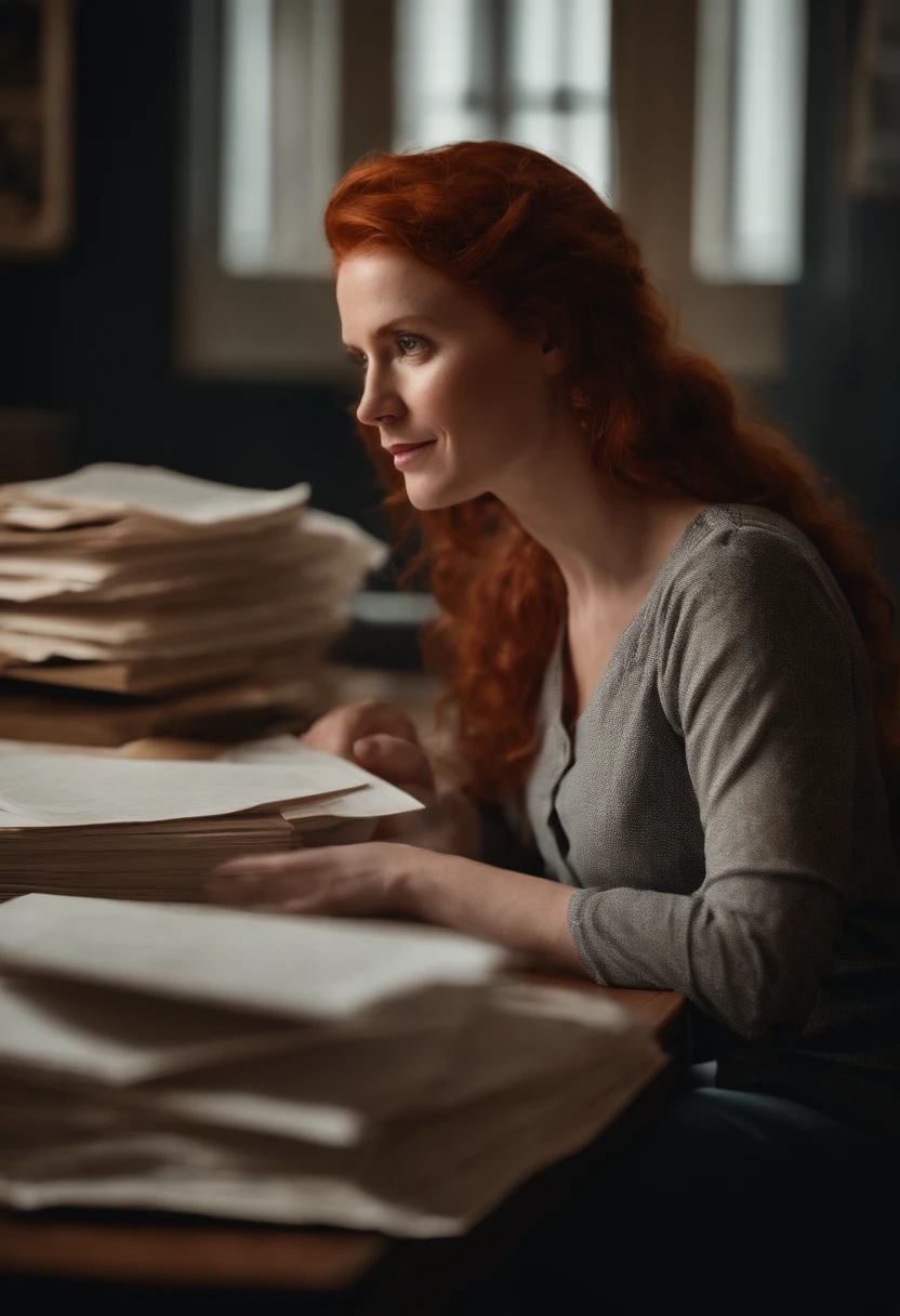 Woman with child-like face. The woman has red hair and is sitting on top of a table full of papers