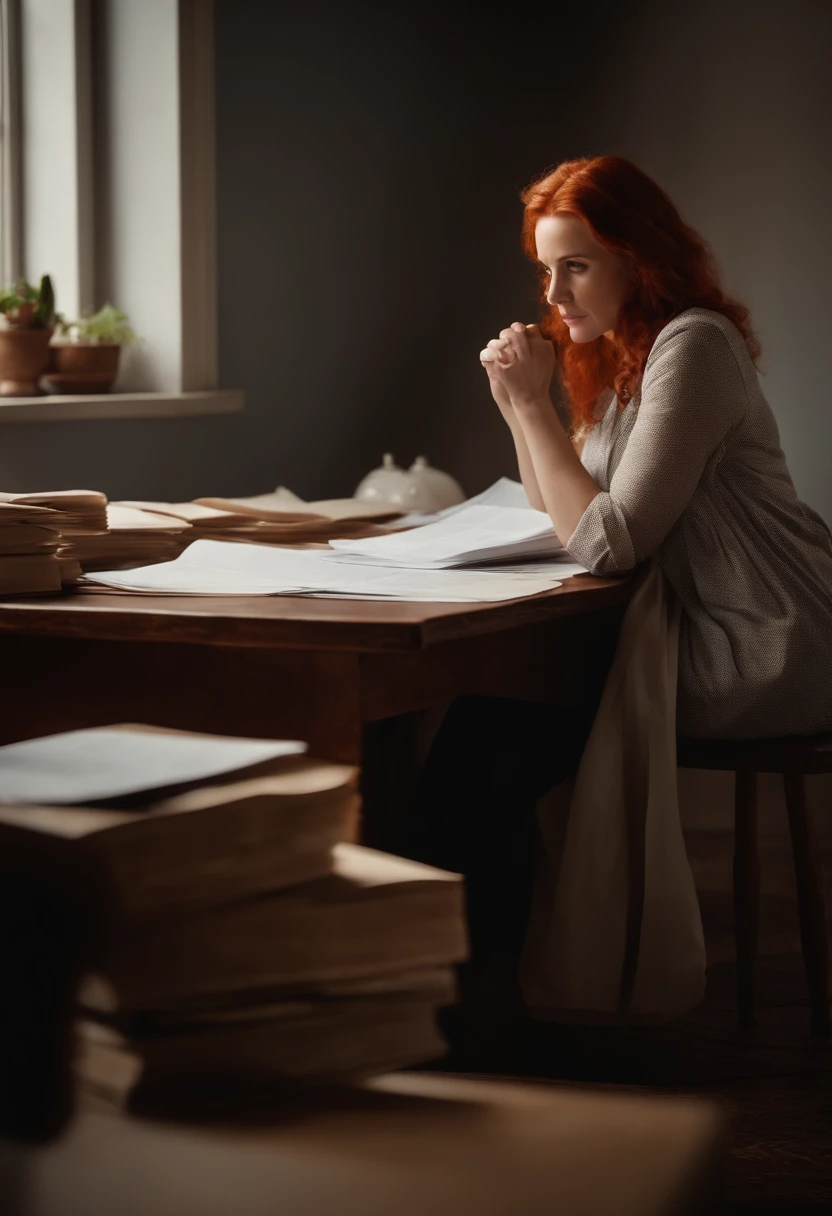 Woman with child-like face. The woman has red hair and is sitting on top of a table full of papers