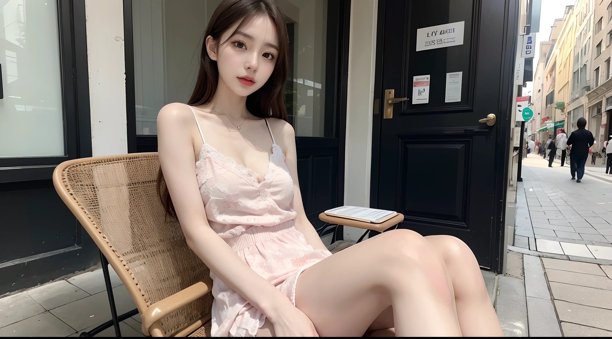 (High-resolution 8K raw photos are realistic,best qualtiy)，Fashion trendy beautiful and charming woman，gentle and charming Chinese beautiful woman，Korea,Kpop idol，delicate and sexy collarbones，charming oval face，二重まぶた，Ingenious[peaches]flower eyes，redish pink lips，small-nose，exposed bare shoulders，focus at face，closeup of face，Hyper-detailing，The shirt pattern is tight，Light shawl small coat，White hip wrapped skirt，Light red hair，Background bokeh，cleavage，long leges，(Seven-doppelganger shot，中景 the scene is，Solo：1.4)，Lace，lacing，head gear， Fresh and impressive， natural color，(pedestrian street，cbd,rays of sunshine，outside，LV shoulder bag for women，cellular phone)，Front light，Sitting on the side of the street，deck chair