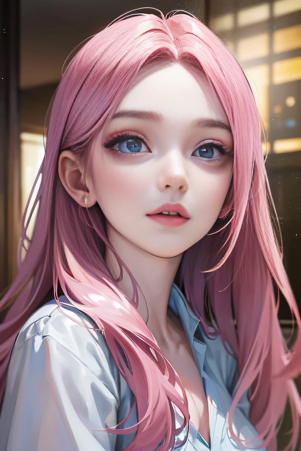 6-person dormitory, indoor environment, girl, delicate facial features, reddish face, official art, masterpiece, sharp focus, (beautiful gorgeous cute Korean woman: 1.3), (beautiful cute Korean: 1.3), Korean beauty, delicate beautiful hair and eyes and face, realistic, super detailed, beautiful girl, glowing white particles, (sidelighting: 1.2), foggy sky, slender, cute, brow furrowed, long straight hair, sexy facial expression, dynamic hair, Long straight hair, fine platinum-pink hair, glowing blue eyes, (blue pleated shirt + white skirt), white stockings, pale skin, hair accessories, , woman is tall ,