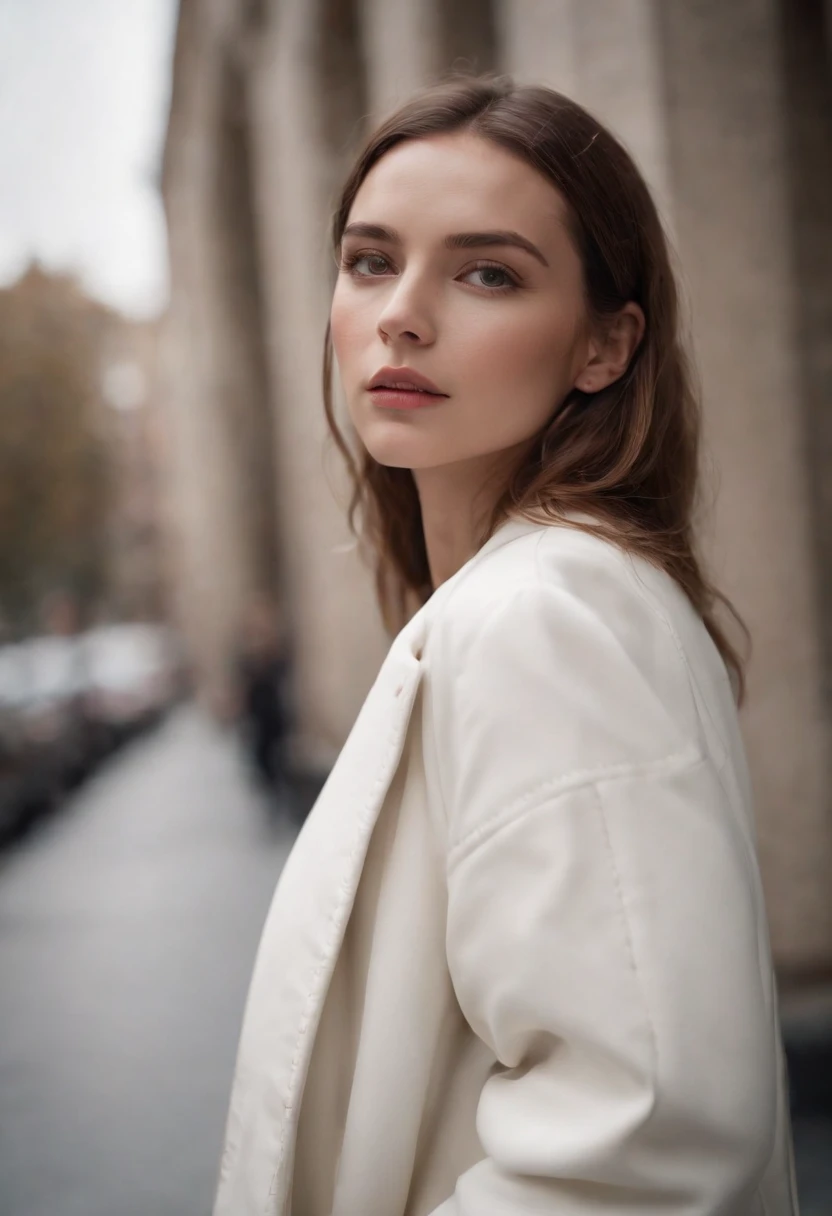 photo shoot with model in white jacket, in the style of distorted realism, samyang af 14mm f/2.8 rf, animated gifs, dark amber, intense gaze, soft atmospheric perspective, panasonic lumix s pro 50mm f/1.4,upper body