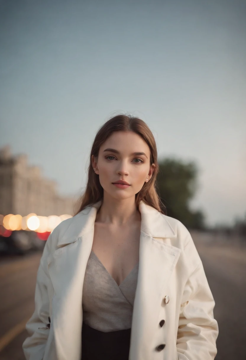 photo shoot with model in white jacket, in the style of distorted realism, samyang af 14mm f/2.8 rf, animated gifs, dark amber, intense gaze, soft atmospheric perspective, panasonic lumix s pro 50mm f/1.4,upper body