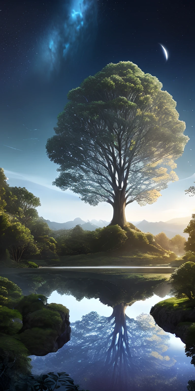 Illustration of a hyperrealistic , otherworldly, ultrasky scene featuring a giant crystal tree full body,very detailed and magical lighting, intricate forest details, vegetation and river around, solarpunk ,landscape, giant tree, beatifull leafy with beautiful lighting and realistic proportions, as if it were a cinematic background, 8k, highest quality, masterpiece, clouds and stars in the sky. Church gothic style,