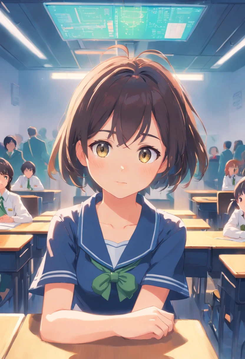 Uma menina com cabelos brancos grisalhos, cabelos longos, Uniforme escolar, na sala de aula, Fechar Tiro, Fundo desfocado, Romantismo, Close-up, First-person view
