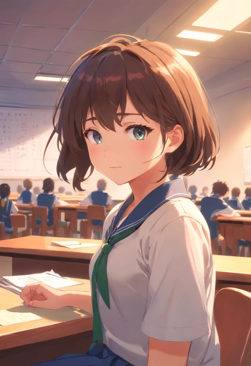 Uma menina com cabelos brancos grisalhos, cabelos longos, Uniforme escolar, na sala de aula, Fechar Tiro, Fundo desfocado, Romantismo, Close-up, First-person view