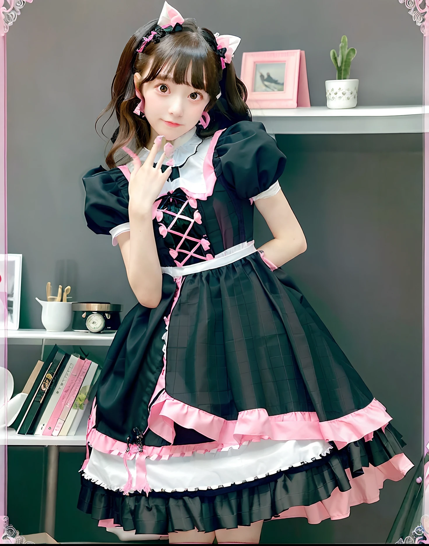 Close up portrait of woman in pink and black dress, ta style, maid dress, Loliashion, maid clothes, cosplay of a catboy! maid! Dress, rococo ruffles dress, anime girls in maid costumes, Belle Delphine, style of magical girl, Cute anime waifu in a nice dress, loli in s, victorian gothic lolita fashi