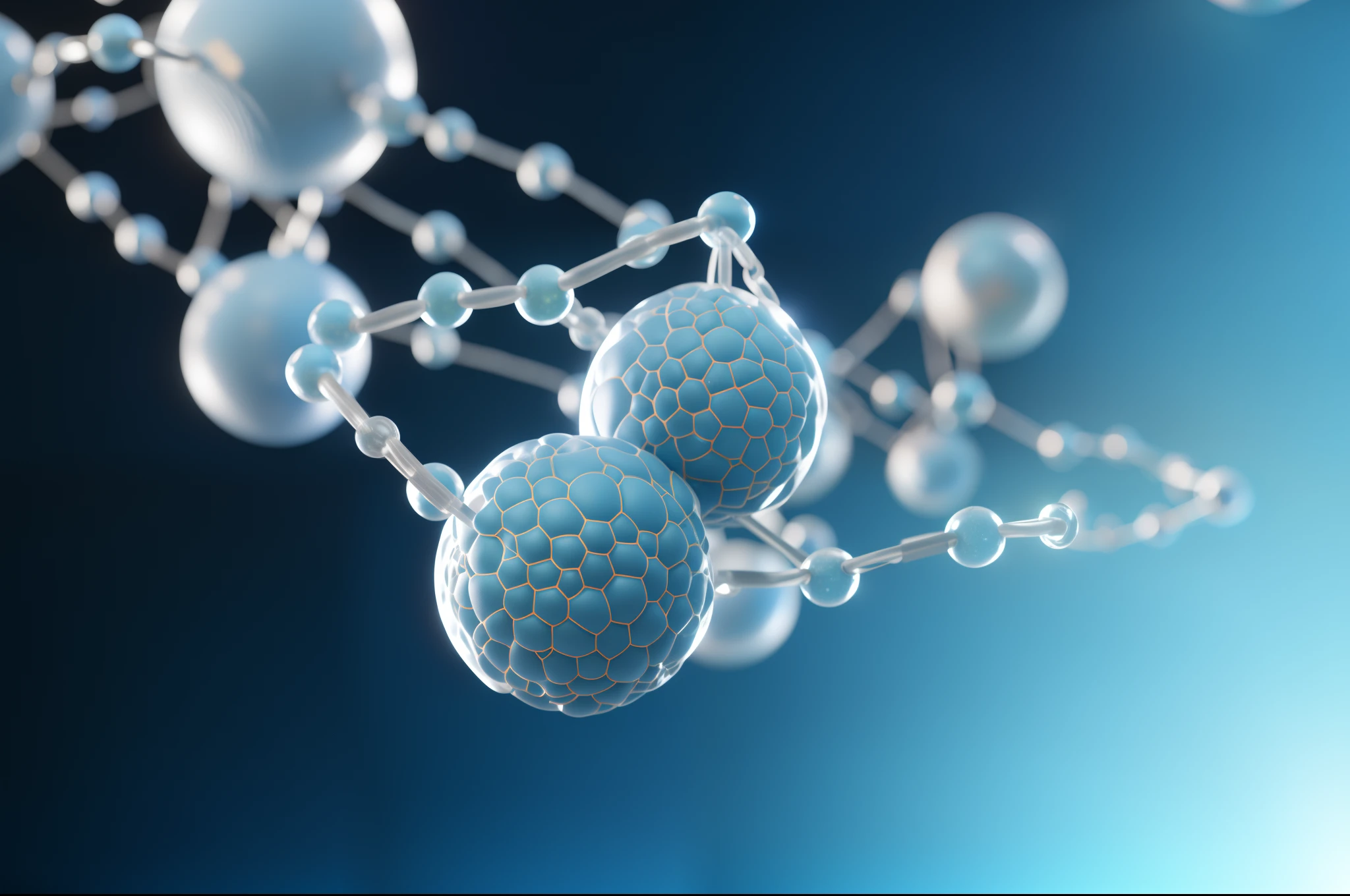 Close up of a bunch of balls and chains on blue background, classic 3 d model of molecule, floating molecules, space molecules, molecules, molecular, ctane 3 d rendered, Dust molecules, bio chemical illustration, metaballs, depicted as a 3 d render, synthetic bio skin, Rendered in Cinema4D, rendered in cinema 4 d
