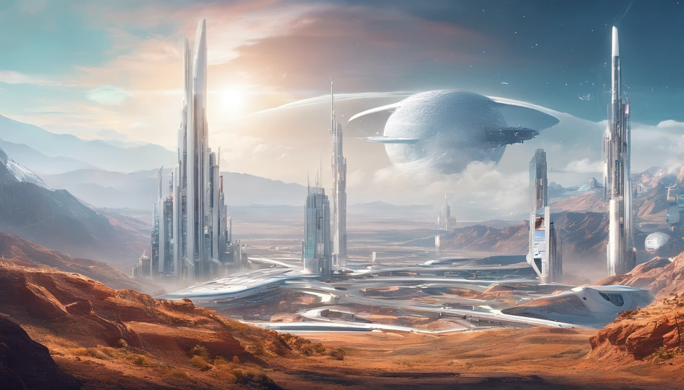Spaceships and characters in sci-fi landscapes, The background is a mountain, concept art by Ludwik Konarzewski Jr, cgsociety contest winner, Space art, award winning scifi art, sci-fi artwork, scifi illustration, scifi illustration, greg beeple, epic fantasy sci fi illustration, scifi concept art, There are two large white buildings with the sky as a backdrop, Inspired by Cha Siyao's matte paintings, pexels contest winner, modernism, foster and partners, smooth architecture, arhitectural shot, with tall glass skyscrapers, architectural photography, rounded architecture, futuristic building, architecture photo, Construction, etc, architecture photo, Futuristic architecture, in style of norman foster, Surrealism, Conceptual art, Futurism, anime, Bauhaus, cinematic lighting, close-up, perspective, UHD, masterpiece, ccurate, best quality
