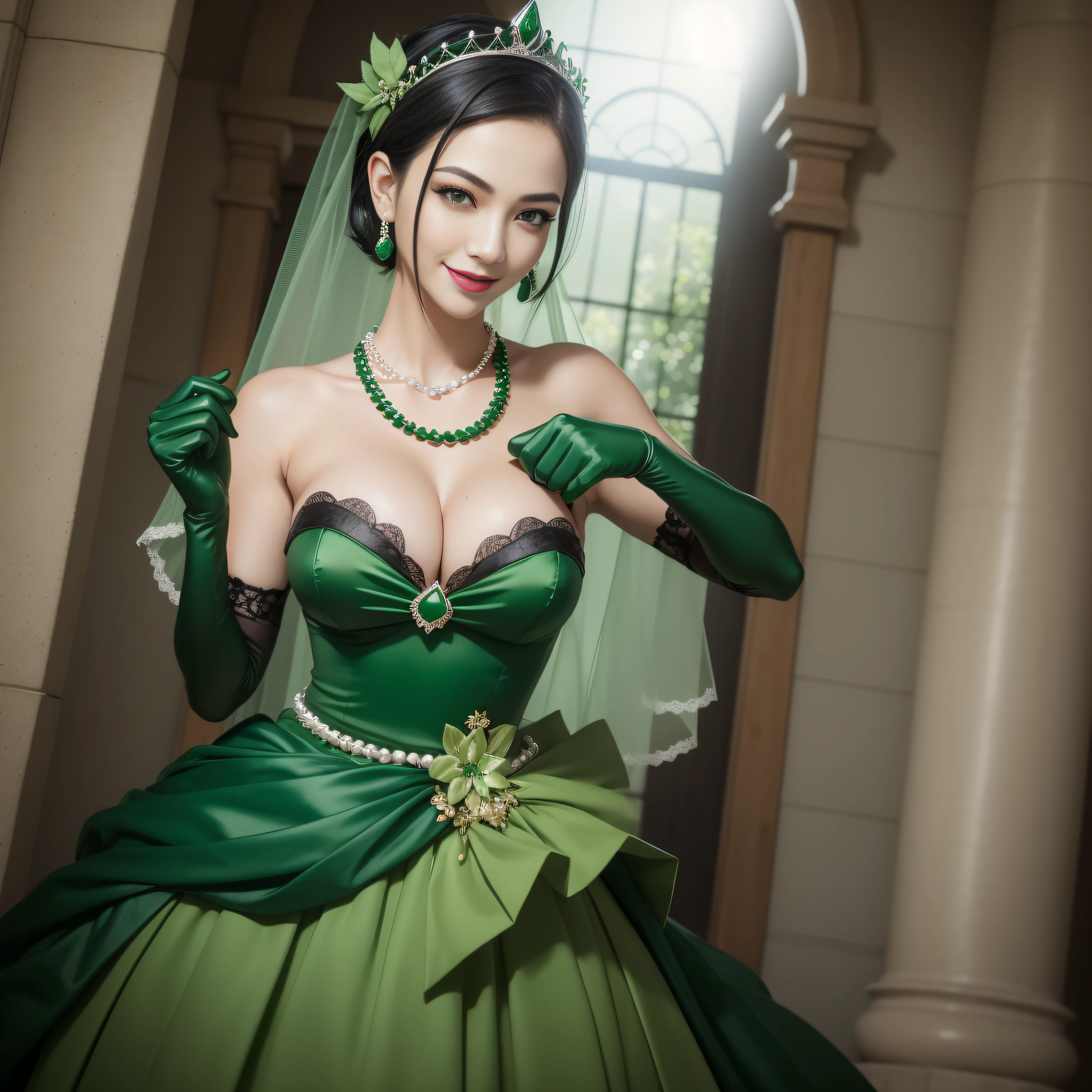 Boyish very short black hair, lipsticks, Japan woman smiling, Green Long Grove, Long green gloves made of satin material, lipsticks, Japan woman smiling, Satin green long gloves, emerald tiara, Green Pearl Necklace, verd s eyes, Green eyes, Long green gloves made of satin material, big breasts beautiful, Green Bridal Veil, Emerald Earrings, Green dress