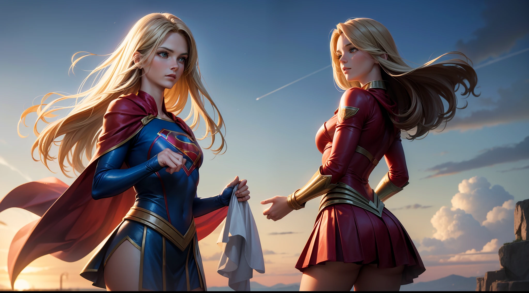 (8k, Supergirl's masterpiece best quality), ultra detail, beautiful thin blue eyes with beautiful details, exquisite face detailed, high quality, high resolution, beautiful hairstyle, realistic eyes, beautiful blue eyes detailed, blonde with long hair (realistic skin), facing the audience, girl wearing sexy low-cut costume, with superman letter S, medium breasts, short skirt, lock, ruins, unique, empty eyes, expressionless, blonde hair, short, mechanical prosthetics, thick legs, sexy, unreal 5, Full-shot Angle, sexy.