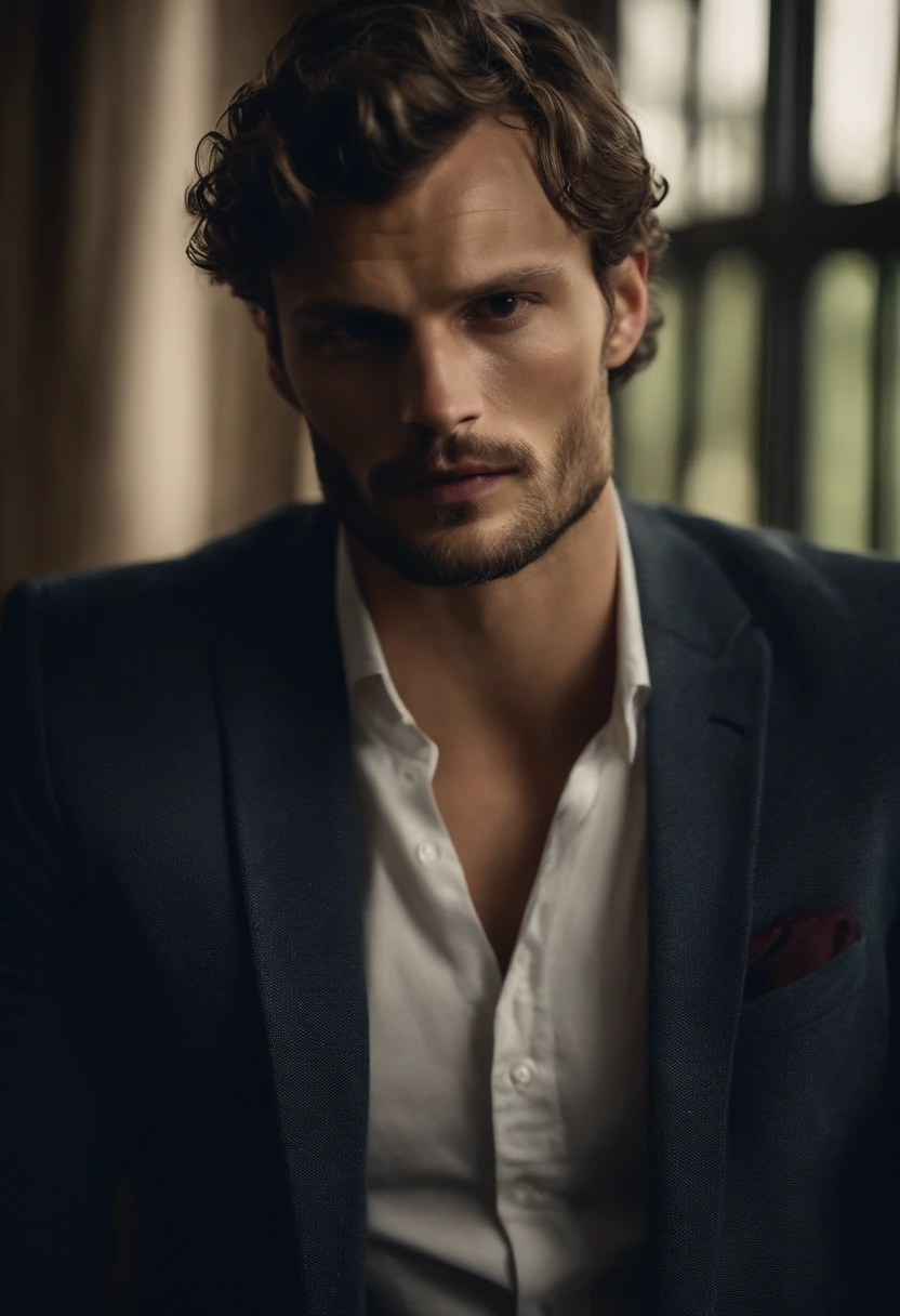Homem de 25 anos, sexy, com o rosto semelhante ao de Jamie Dornan