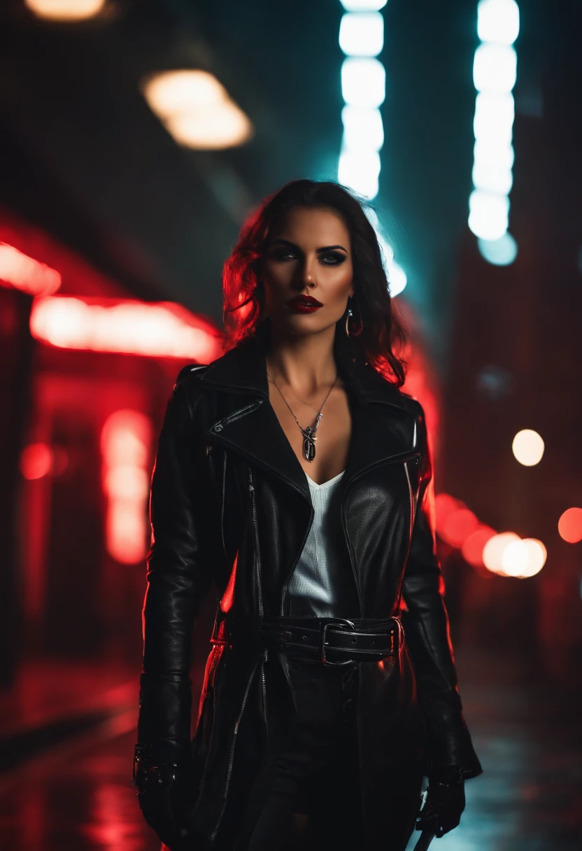 Vampire with fangs, girl, at night, brunette, futuristic city, neon lights, coloured rim lighting on girl, long leather coat, belt with silver buckle, v neck top, silver necklace pendant with red stone, steam in background, full length shot, pistol in hand, finger on trigger
