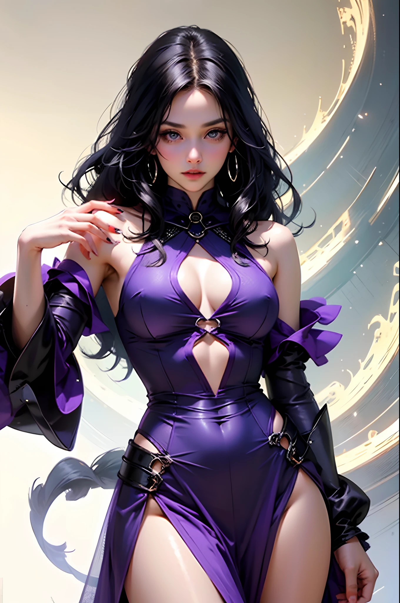 Sexy, mature, voluptuous, raven-haired, witch in revealing sheer purple clothes