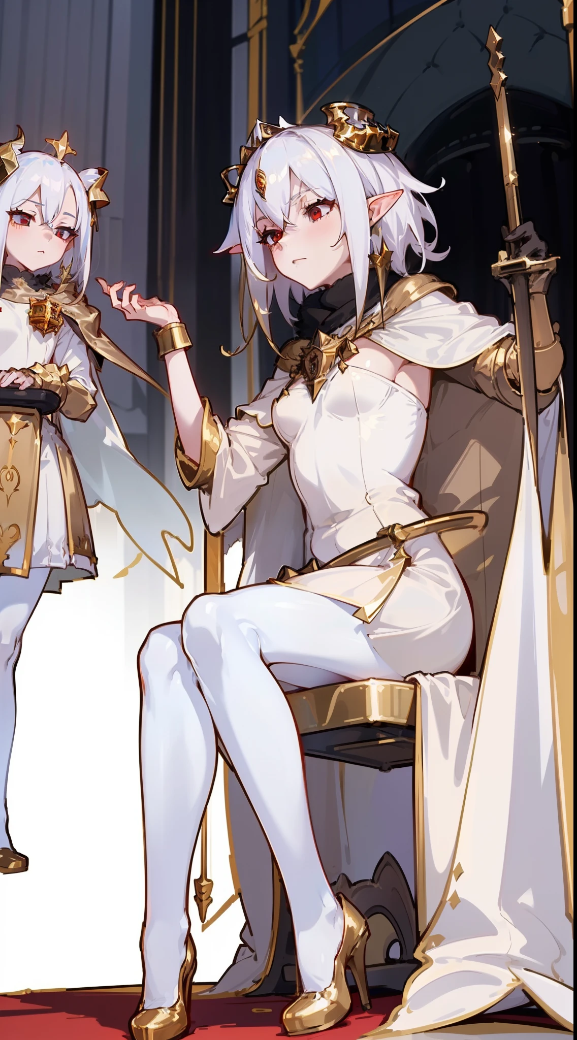1girl,20 years,solo,serious,white and golden short dress,medium tits,white hair,short hair,red eyes,elves ears,white pantyhose,golde tiara,Detailed ,gold high heels,front view,(((long cape))),(((sitting on the throne in golden castle)))
