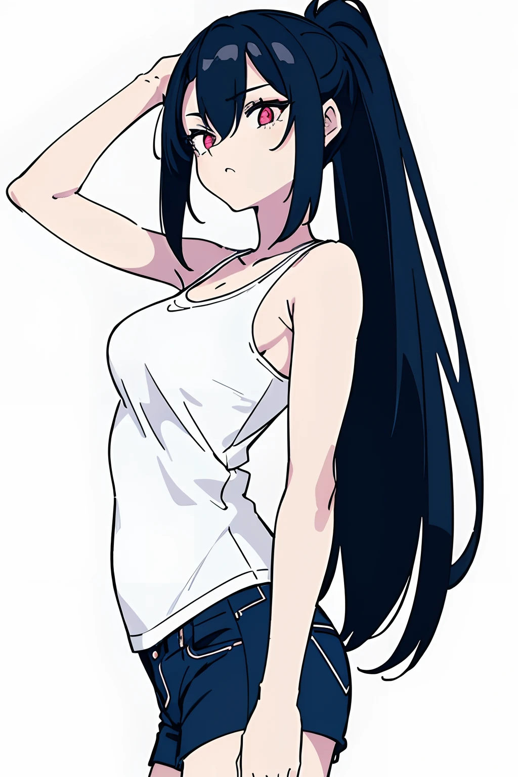 (masterpiece:1.3), (the best quality:1.2), (super fine illustrations:1.2), (Masterpiece), high quality, high detail, ((unparalleled masterpiece, best quality, perfect artwork)), high contrast, flat color, white background, long ponytail hair, big breasts size, black hair, detailed glowing red eyes with distinct pupils, looking at another, [(pale blue background:1.1)::5], [(game character portrait:1.2):5], (cool pose:1.2), hands in pockets, (tripped), {hands hidden}, {{{hands in breast}}},{{hands in tumble, from front, wearing tanktop, short jeans, black stockings, Colorful paint explosion pattern, strange sky, (illustration:1.2), very wide shot, (line drawing:1.2), {{only five fingers}}