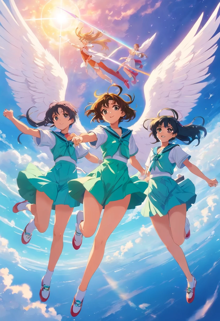 three anime girls flying across a sky, in the style of light turquoise and light emerald, colorful costumes, pegi nicol macleod, 32k uhd, hard-edged, pleasing sense of harmony, sailor moon