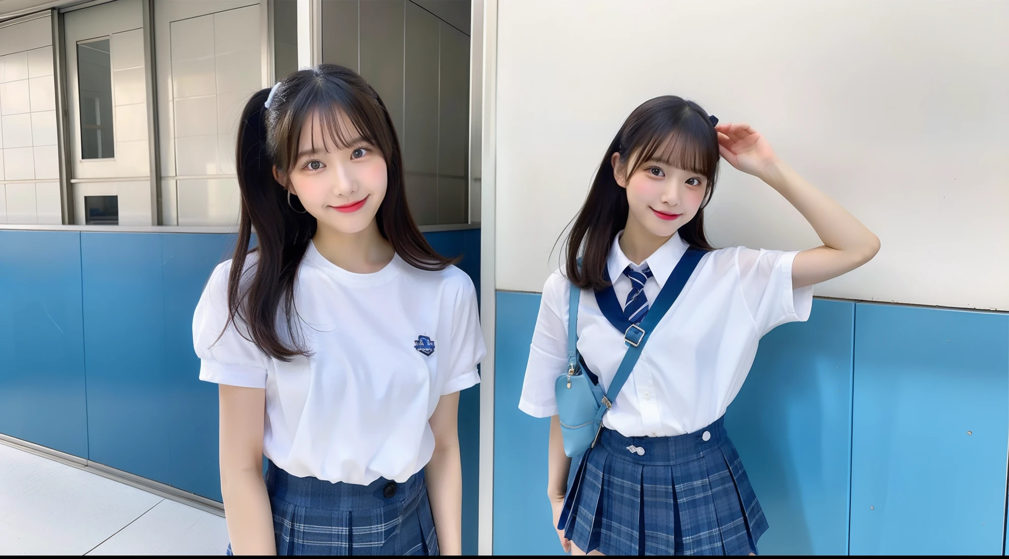 18-year-old schoolgirl in blue miniskirt and white Y-shirt