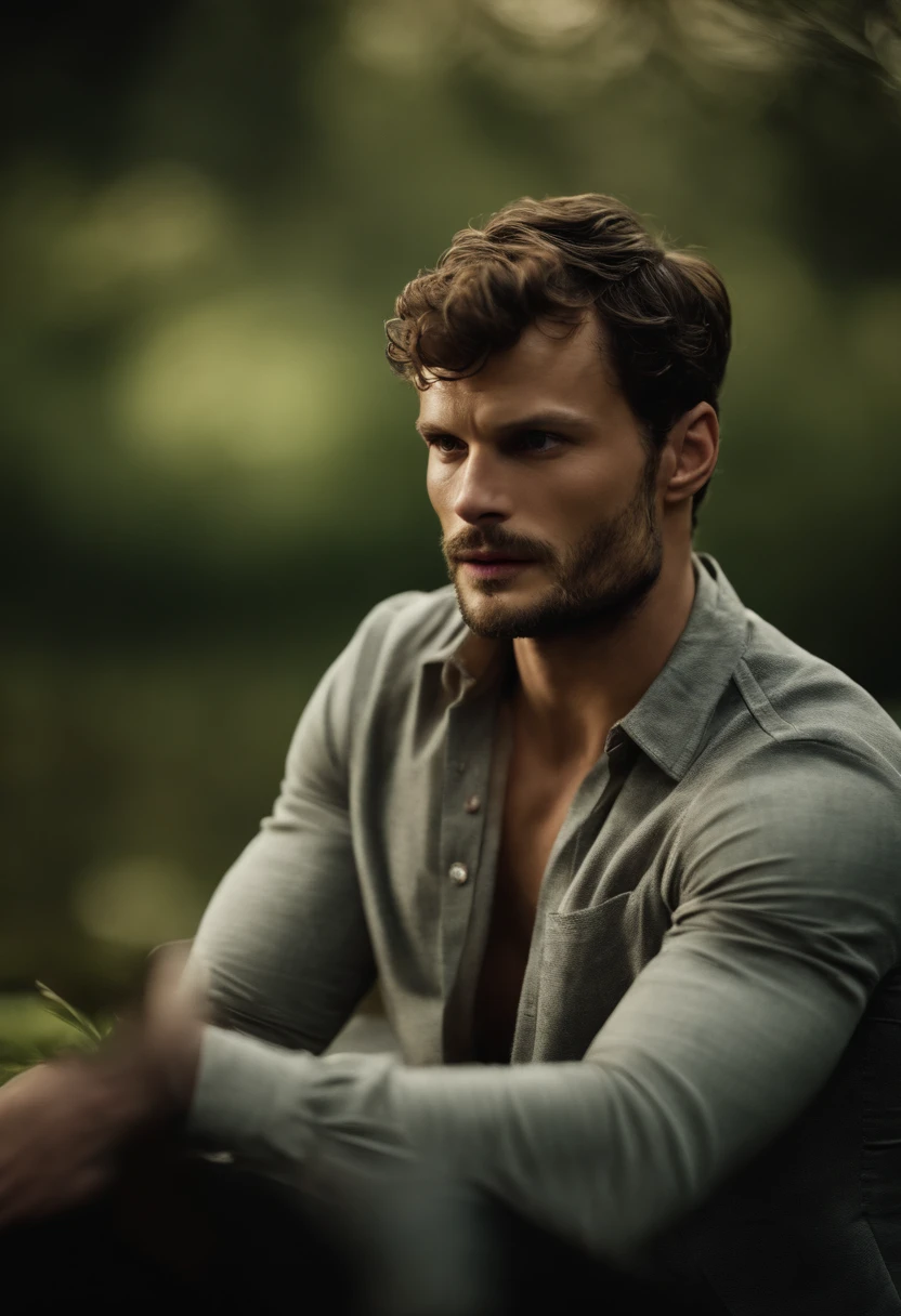 Homem de 25 anos, sexy, com o rosto semelhante ao de Jamie Dornan, He has no beard