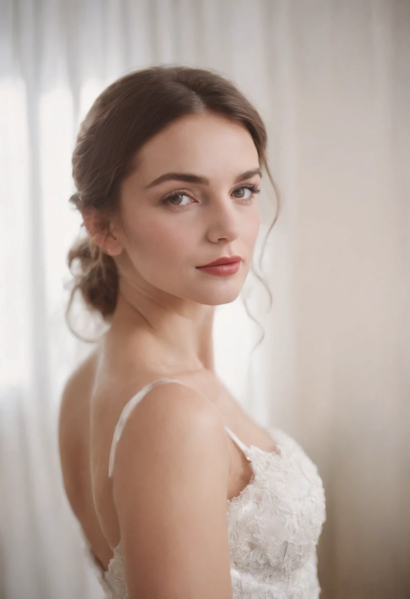 realistic photo, portrait of a woman at a party, photography taken with flash, white background white wall of home portrait analog photography, grain film, vintage photo, in the style of lo-fi aesthetics