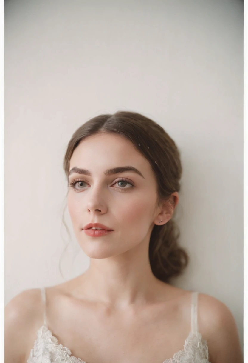 realistic photo, portrait of a woman at a party, photography taken with flash, white background white wall of home portrait analog photography, grain film, vintage photo, in the style of lo-fi aesthetics