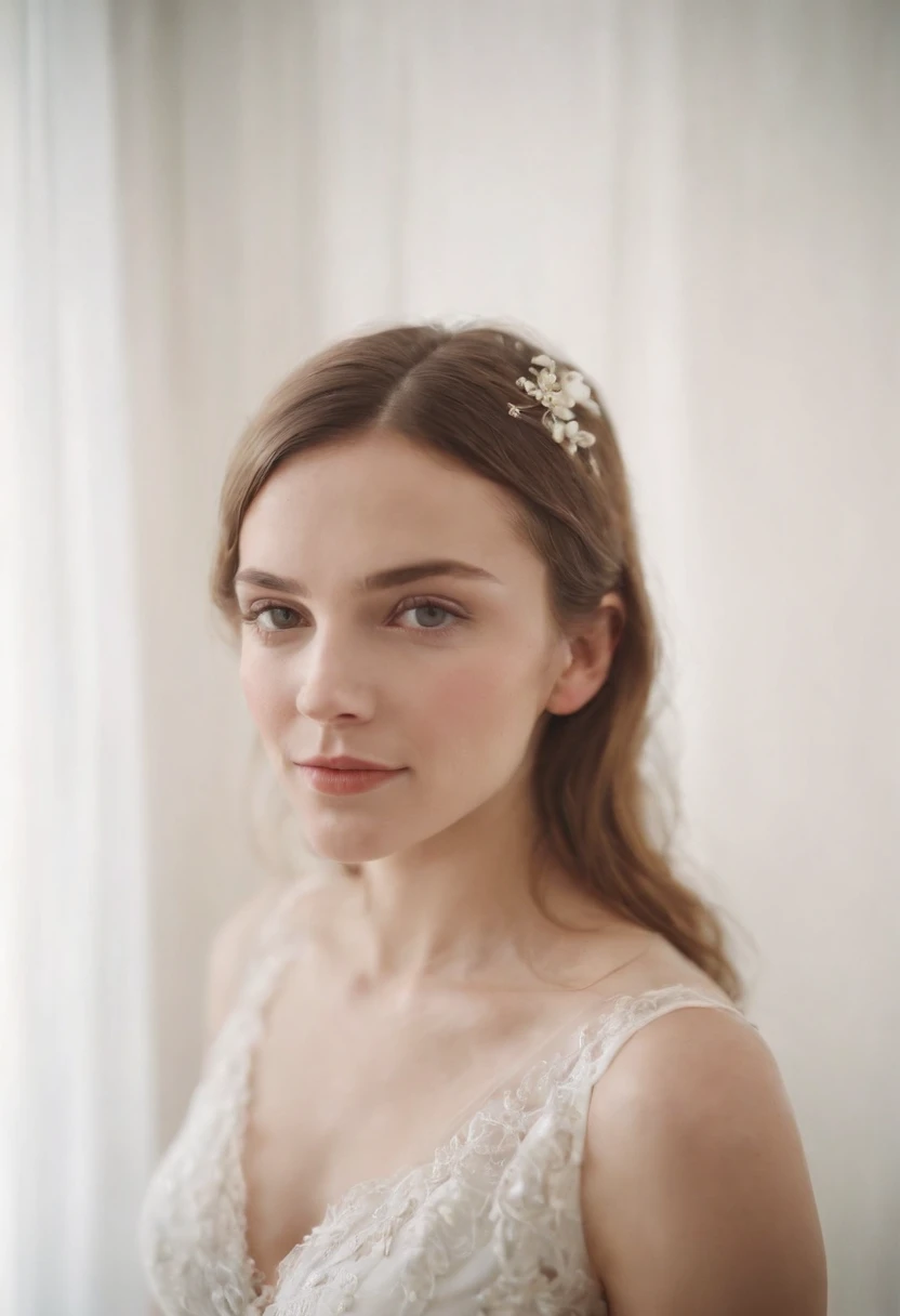 realistic photo, portrait of a woman at a party, photography taken with flash, white background white wall of home portrait analog photography, grain film, vintage photo, in the style of lo-fi aesthetics