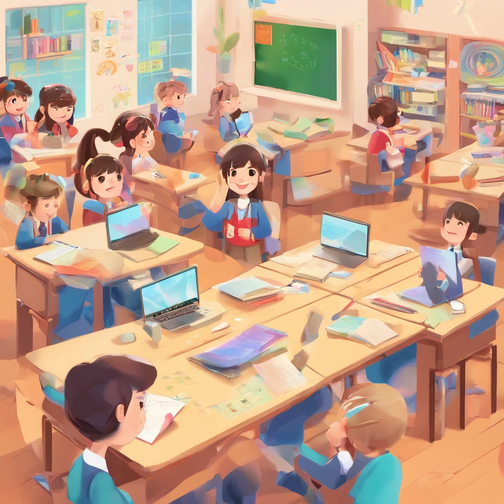 Bright classroom，Full of technology atmosphere。Students in the classroom can use VR glasses for virtual reality learning，They can explore a variety of scenarios and knowledge in an immersive way。ao mesmo tempo，There are also students drawing cartoon characters，Show their creativity and artistic talent。Teachers are teaching students how to take pictures with their cameras，Develop their photography skills。Still others draw with brushes，Express your thoughts and feelings。ao mesmo tempo，There are also students exploring the inside of the classroom，Discover new knowledge and discoveries。There are even students operating drones to measure，Demonstrate the application and innovation of technology。The entire illustration can be laid out vertically，to highlight the faces and expressions of the characters，It gives people a feeling of closeness and authenticity。This illustration is suitable for commercial use，Can be used for education-related advertising、promotional materials, etc，Show the technology and innovation of modern education。ao mesmo tempo，Well-portrayed character faces can also bring a better visual experience to the audience。