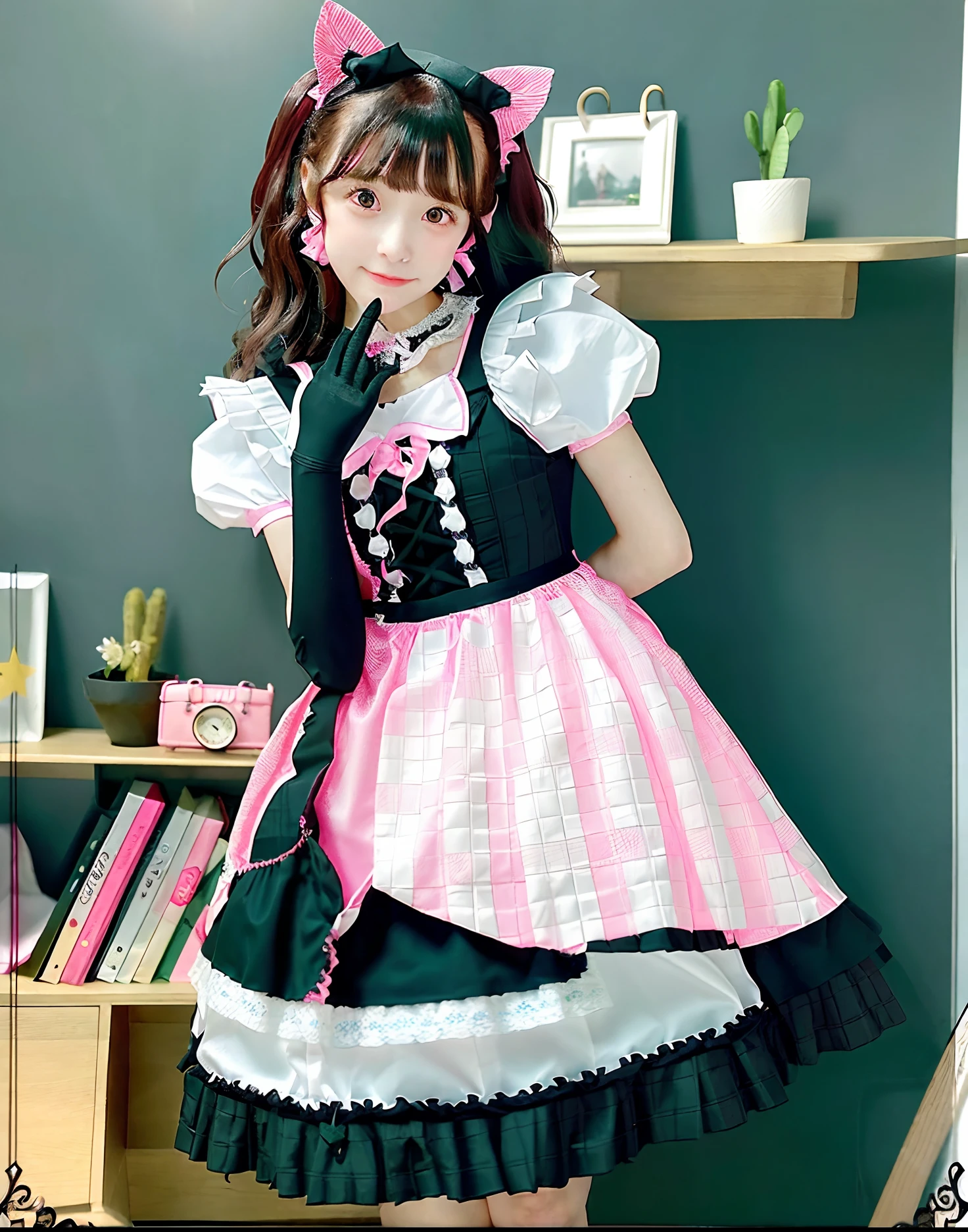 Close up portrait of woman in pink and black dress, Lolita style, maid dress, Lolita Fashion, maid clothes, cosplay of a catboy! maid! Dress, rococo ruffles dress, anime girls in maid costumes, Belle Delphine, style of magical girl, Cute anime waifu in a nice dress, loli in dress, victorian gothic lolita fashion