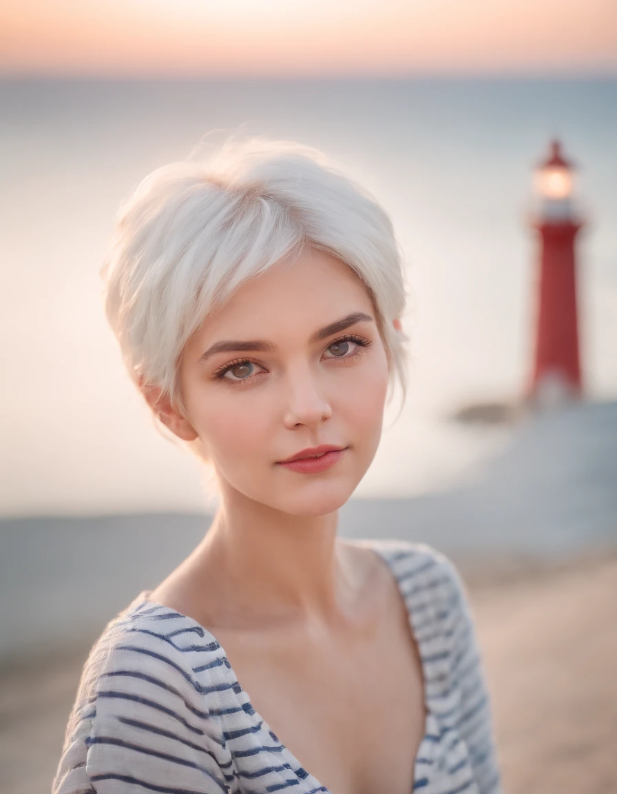Coastal beauty, 1girl in a charming nautical outfit, (fluffy cat ears, short white hair), striped shirt, (bright eyes, sun-kissed skin, carefree expression), sandy beach background, lighthouse, gentle sea breeze, playful pose, dynamic composition, golden hour lighting, blurred background, rich colors, fine details, hyperrealistic, 50mm lens, relaxed atmosphere. portrait photography, 35mm film, natural blurry