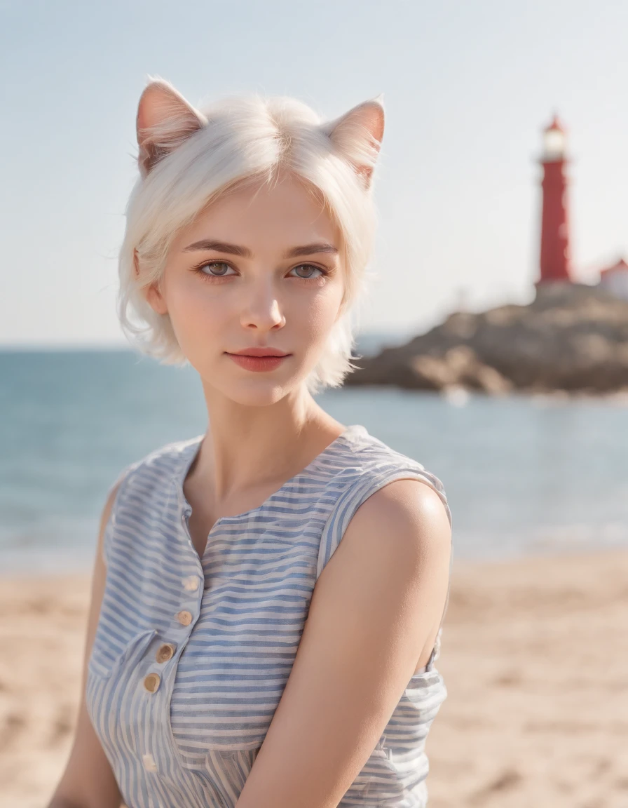 Coastal beauty, 1girl in a charming nautical outfit, (fluffy cat ears, short white hair), striped shirt, (bright eyes, sun-kissed skin, carefree expression), sandy beach background, lighthouse, gentle sea breeze, playful pose, dynamic composition, golden hour lighting, blurred background, rich colors, fine details, hyperrealistic, 50mm lens, relaxed atmosphere. portrait photography, 35mm film, natural blurry