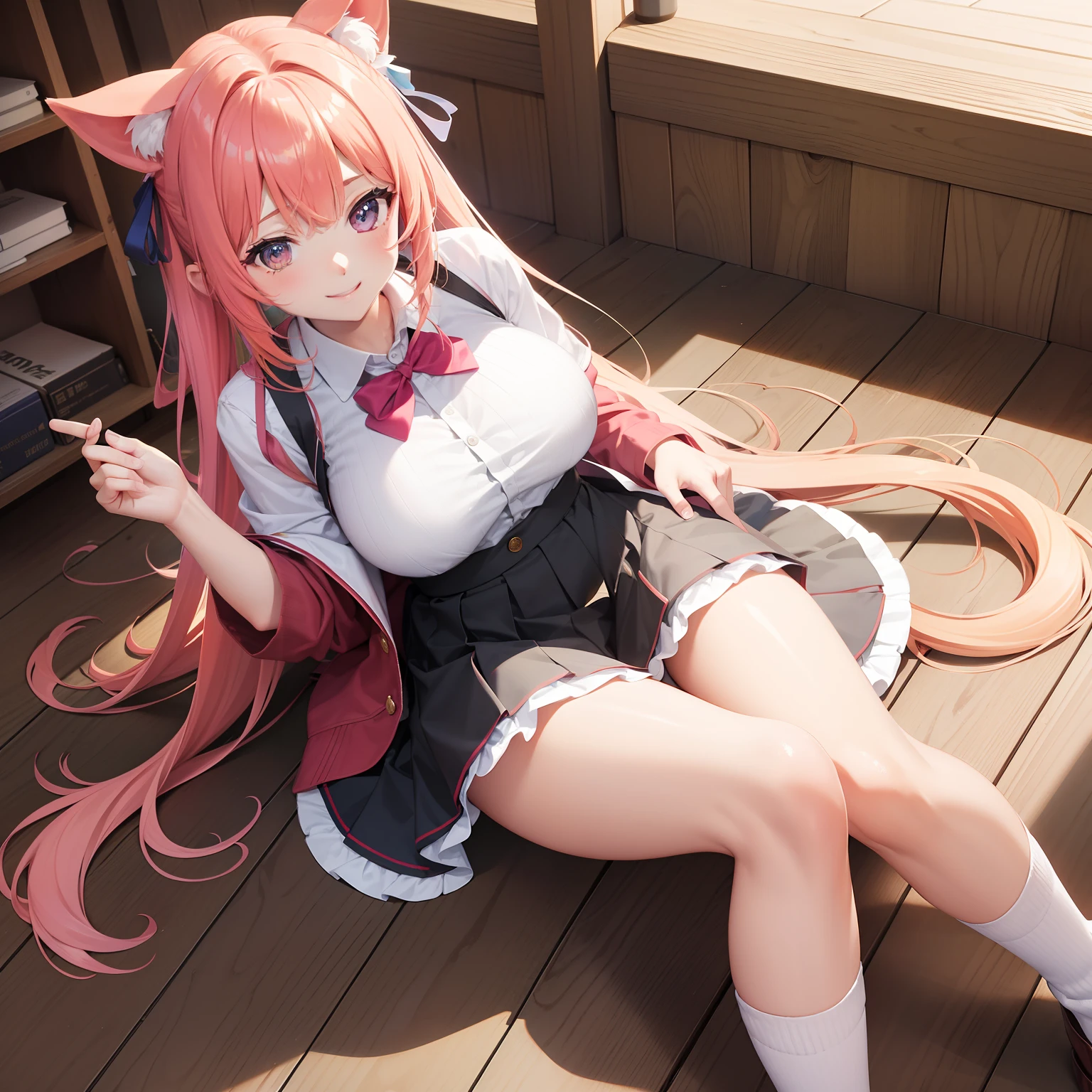 anime, masterpiece, cute girl, no panties, spread legs, lying on back, short skirt, white knee high socks, big , pink hair, long hair, (hime cut:1.4), (embroidery breastplate, metal accent cape, thighhighs, pussy juice, detail, 4k, sexy, good pupil, 4k, detailed