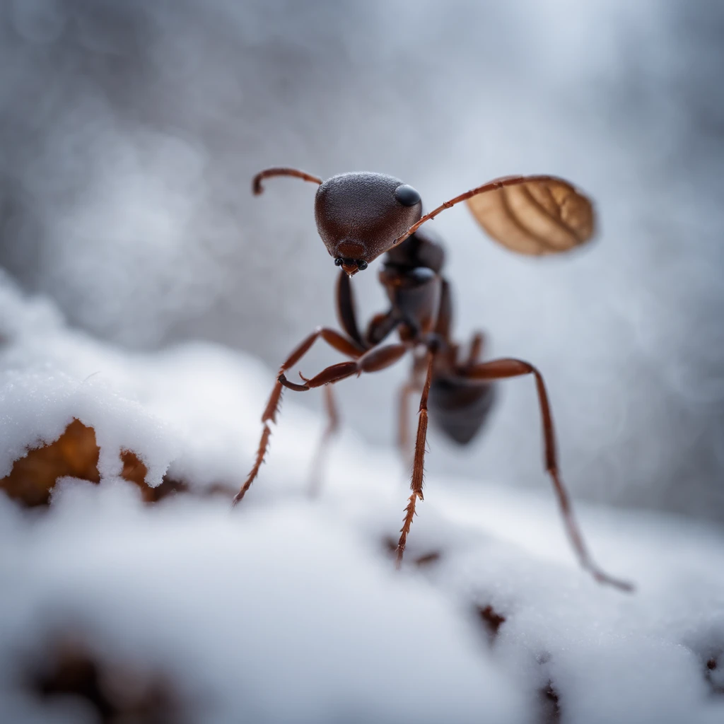 an ant holding an acorn in the snowy forest