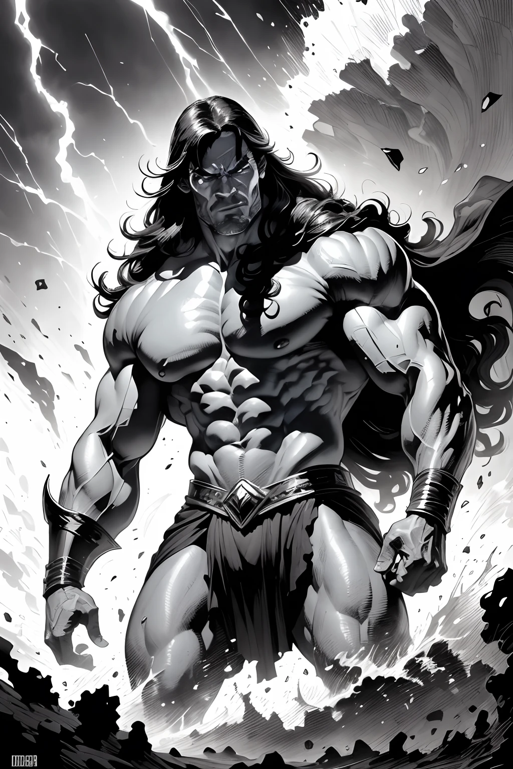 Conan, the Barbarian, cabelos longos negros, olhar selvagem, Athletic Physique, vestido com uma tanga feita de pele de urso, mantida por um cinto ornado de metal, in his hands an axe and a sword, pose distinta pronto para travar a sua maior batalha contra seus inimigos pictos, epic scene inspired by Robert E's End of the World Frontier.Howard ,Arte John Buscema, (cena detalhada, Luz Natural, arte perfeita)