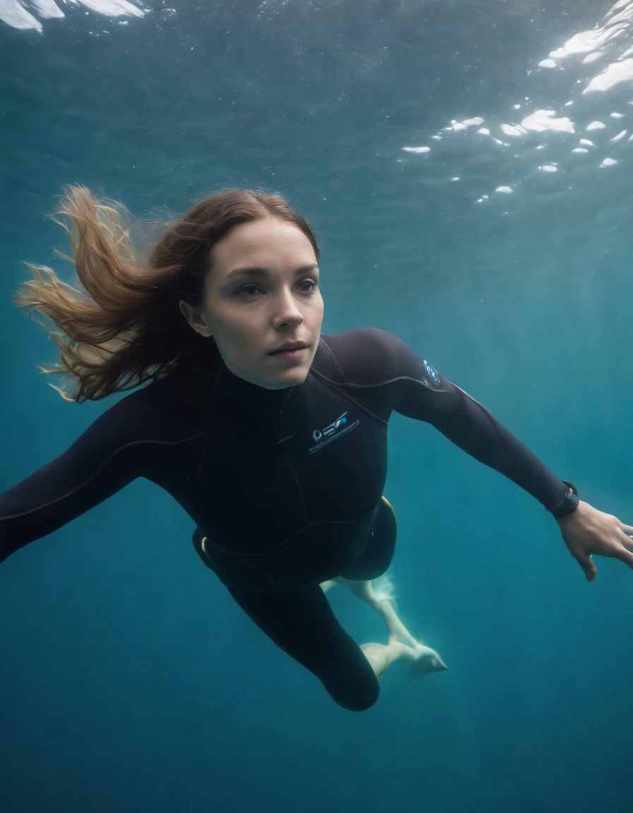 alone, Deep sea, reefs, Freediving, White wetsuit, Night diving, moon, zero gravity, ((best quality, 8K, masterpiece: 1.3)), low angle, backlight, a woman, long hair, crawl, Underwater photography, Underwater perspective, Underwater perspective, Floating underwater, sleeveless