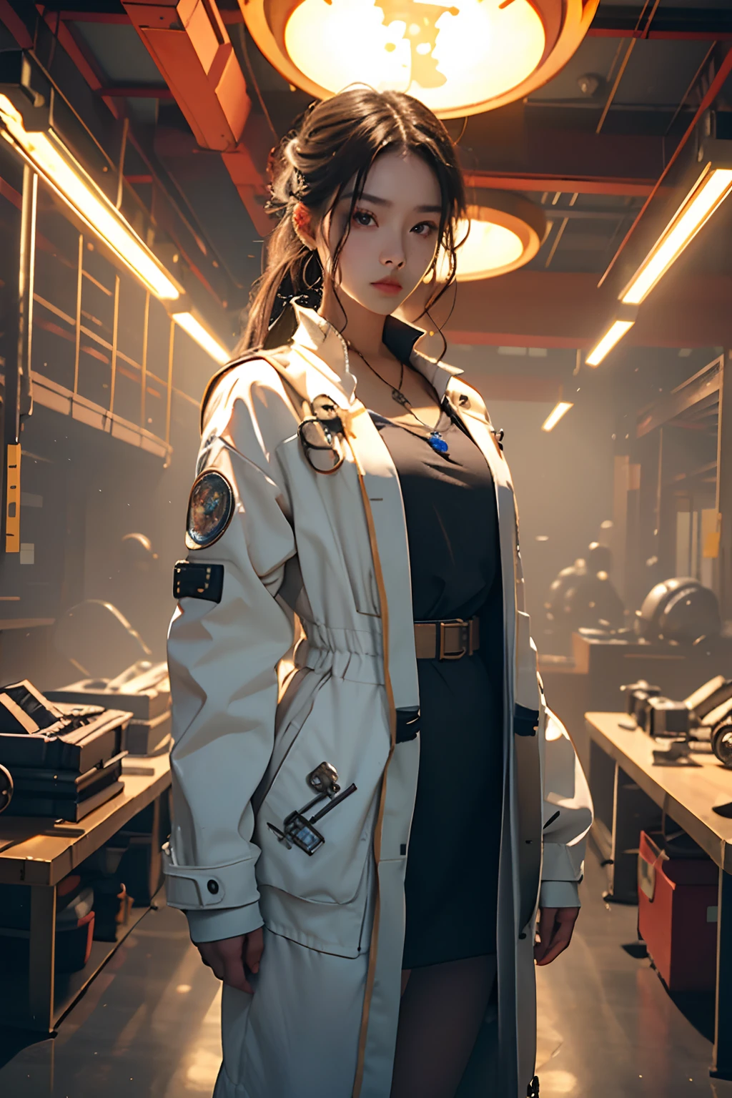 best qualtiy,tmasterpiece,超高分辨率,(realisticlying:1.4),Teach pendants,Detal Face, 1girll,独奏,Handheld robot teach pendant,(Magical Circle:1.2),xiuxian,The upper part of the body,a beauty girl,full bodyesbian,industrial robot,Jacket,The girl is a robotics engineer,Automotive assembly line workshop,wide wide shot,There are a lot of workshop workers in the background,Modern industrial workshop