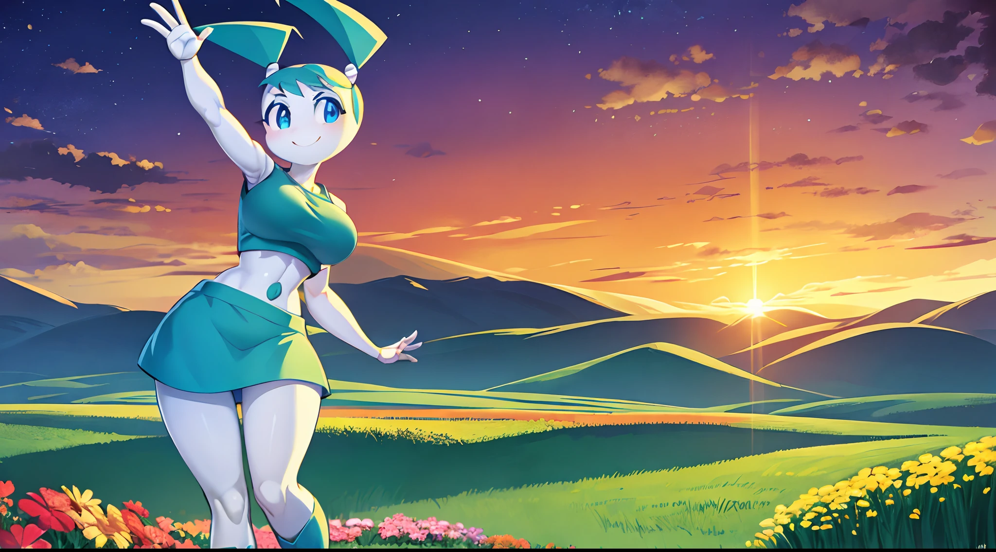jenny wakeman, boots, white skin, huge breasts, smiling, looking at viewer, one arm waving and one arm behind back, green meadow, various flowers, orange sky, setting sun, dreamlike lighting, waving grass, distant hills, cel shading, anime, 1girl, miniskirt, tank top