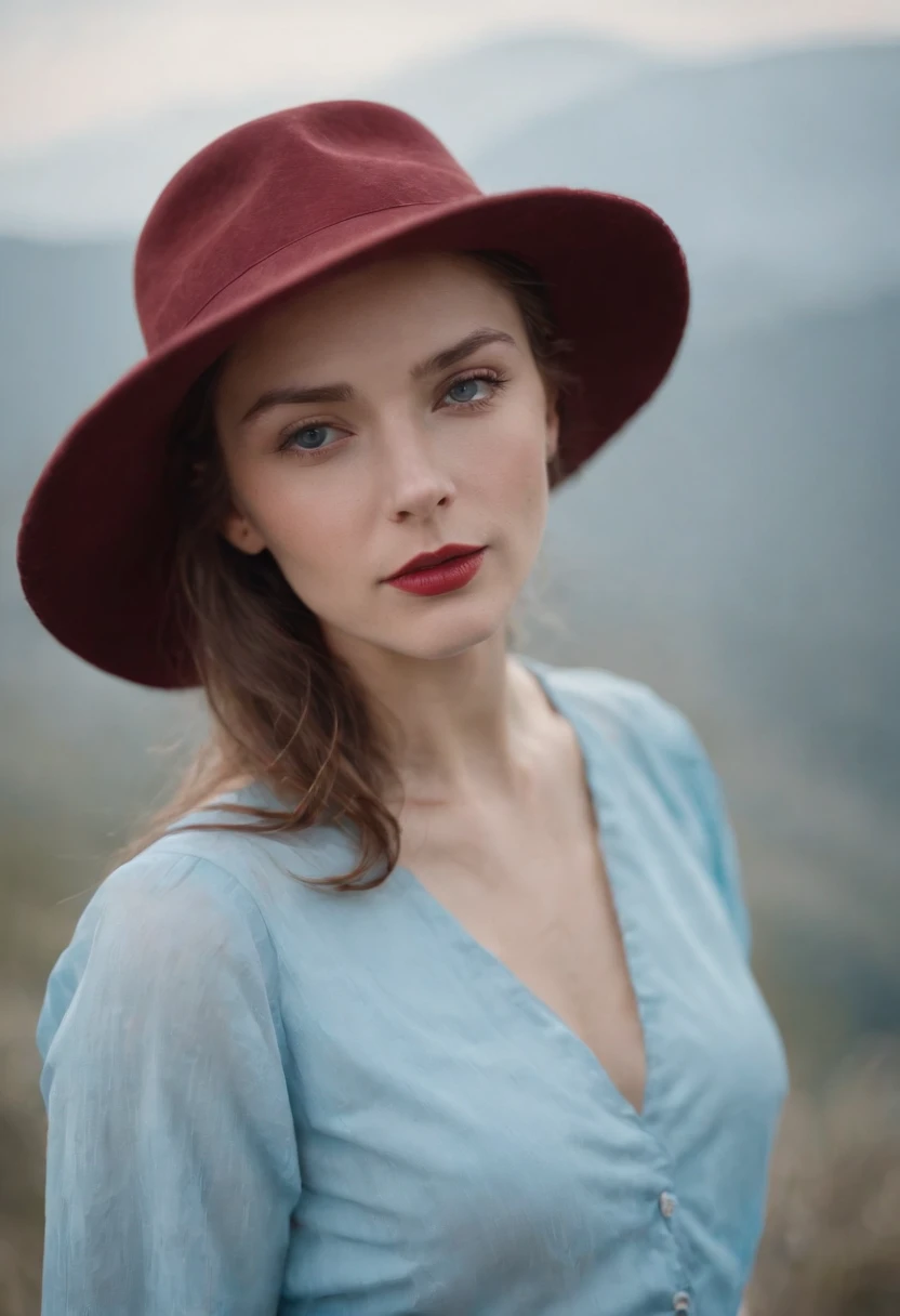 young woman in hat wearing a shirt over her head, in the style of light sky-blue and dark red, fujifilm pro 400h, kintsugi, alex colville, uhd image, troubadour style, fauvist portraiture