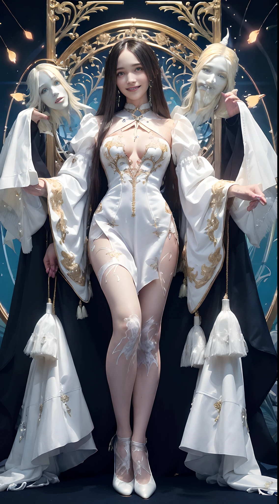 (Front Focus),David Hockney (David Hockney)and Alphonse Mucha (Alphonse Mucha)Portrait of a Surrealist woman,((Ultra Giant))、(((Naked upper body)))、(((Exposing)))、witch's house、((Engaging pose))、Fantasy Art、Witches、(((long golden hair)))、((Sexy embroidered white witch costume))、((High quality white witch costume with sexy embroidery))、((Sexy Witch、High quality white witch costume with less fabric embroidery))、Sexy embroidery beautifully embroidered on white witch costume,It is decorated with fine jewels with fine witch costumes and fine embroidery,photographrealistic,Dynamic lighting,Art Station,poster for,Volumetric lighting,extra detailed face,4 k'',((Colossal tits))、With diamonds,Sexy thighs,abdomen exposure ,Burst 1 Girl, Durkin, deepshadow, tom baixo, Cowboy Shots,(formal clothes:1.4), confused eyes、I am fascinated,Legs apart, ((Bright smile, Teeth of a smile, Nice smile)),