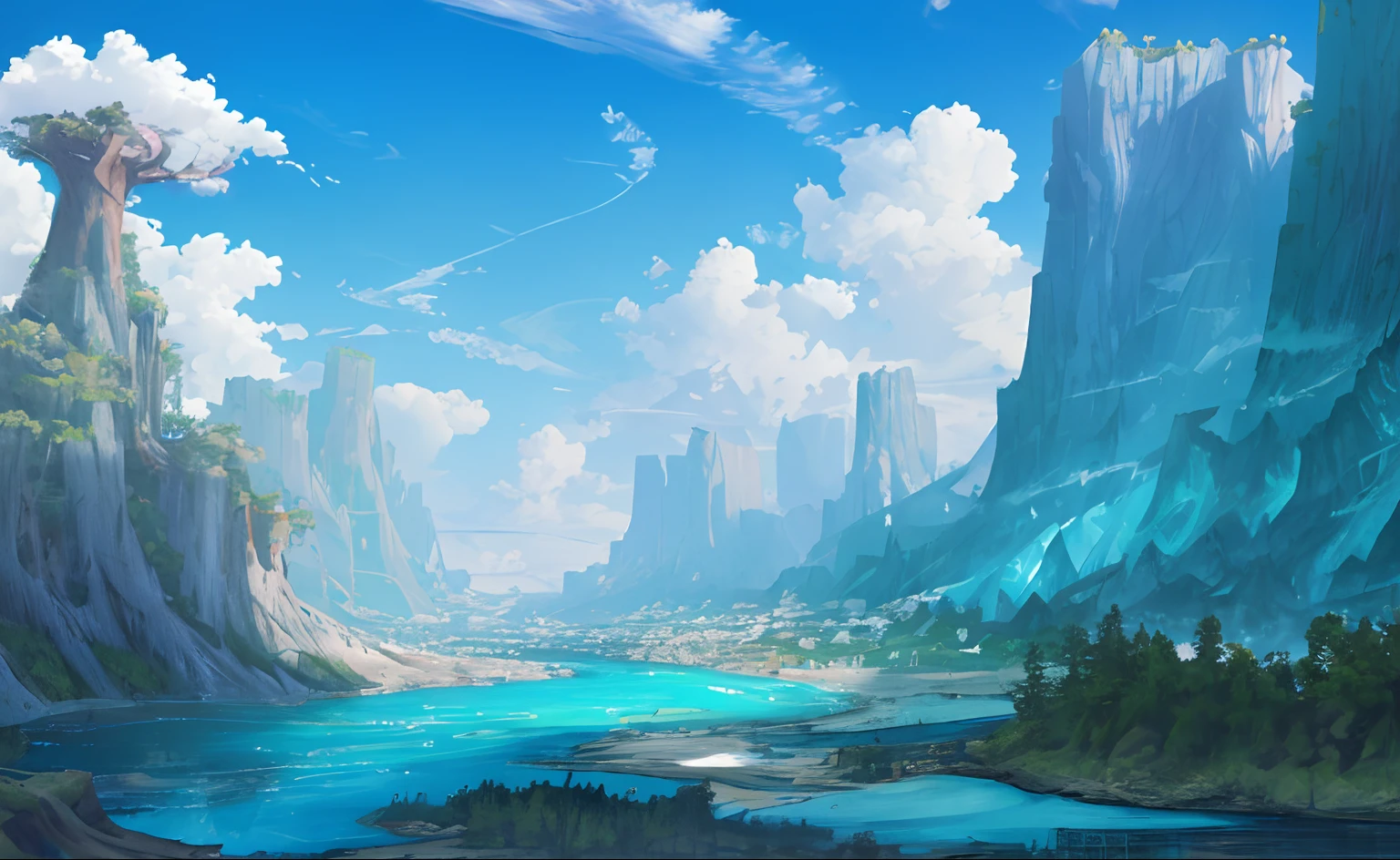 ConceptArt, no humans, scenery, water, sky, day, tree, cloud, waterfall, outdoors, building, nature, river, blue sky