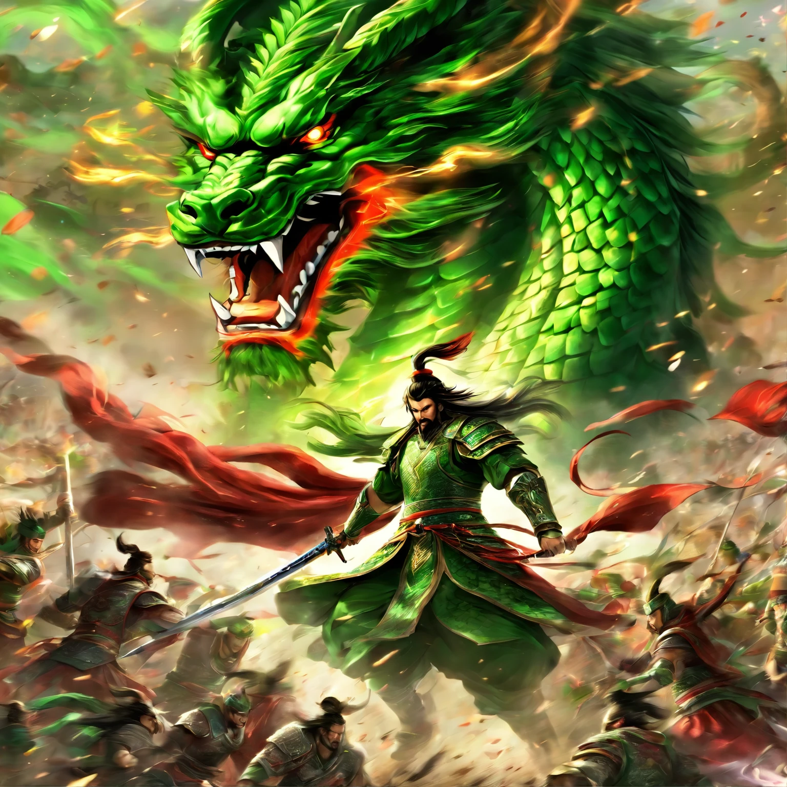 Dynasty warriors,Guan Yu rode a red horse through the field, Sultan Mohammed style, first person, Perspective,The huge green dragon knife slashed at the audience,The green dragon invited the moon knife, Knife with translucent fluorescent green dragon, Exaggerated perspective, amazing moment, Emerald and bronze,Fluorescent green, Heroes ,best qualtiy,tmasterpiece,Artistic effects,8K,rendering by octane