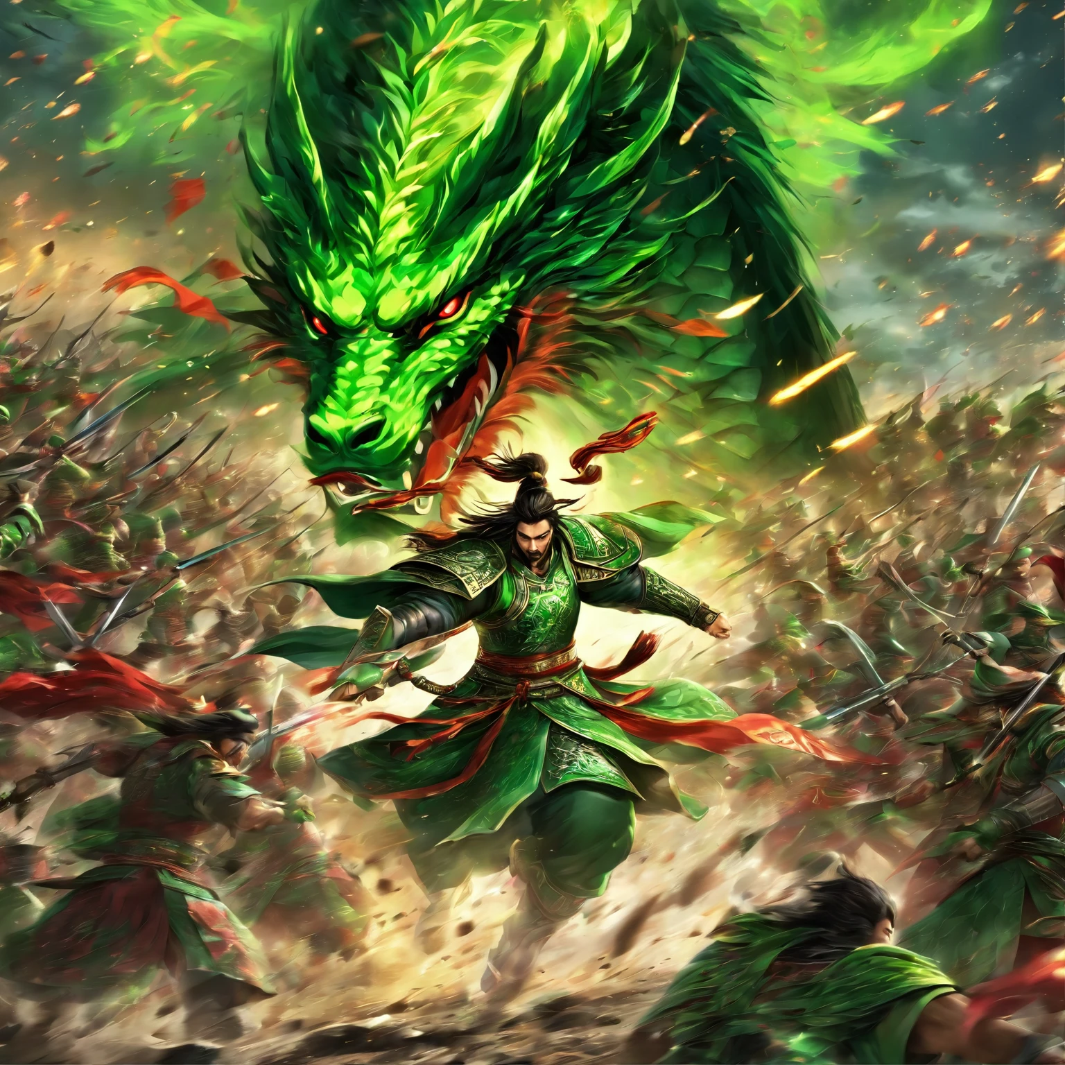 Dynasty warriors,Guan Yu rode a red horse through the field, Sultan Mohammed style, first person, Perspective,The huge green dragon knife slashed at the audience,The green dragon invited the moon knife， Knife with translucent fluorescent green dragon, Exaggerated perspective, amazing moment, Emerald and bronze,Fluorescent green, Heroes ，best qualtiy，tmasterpiece，Artistic effects，8K，rendering by octane