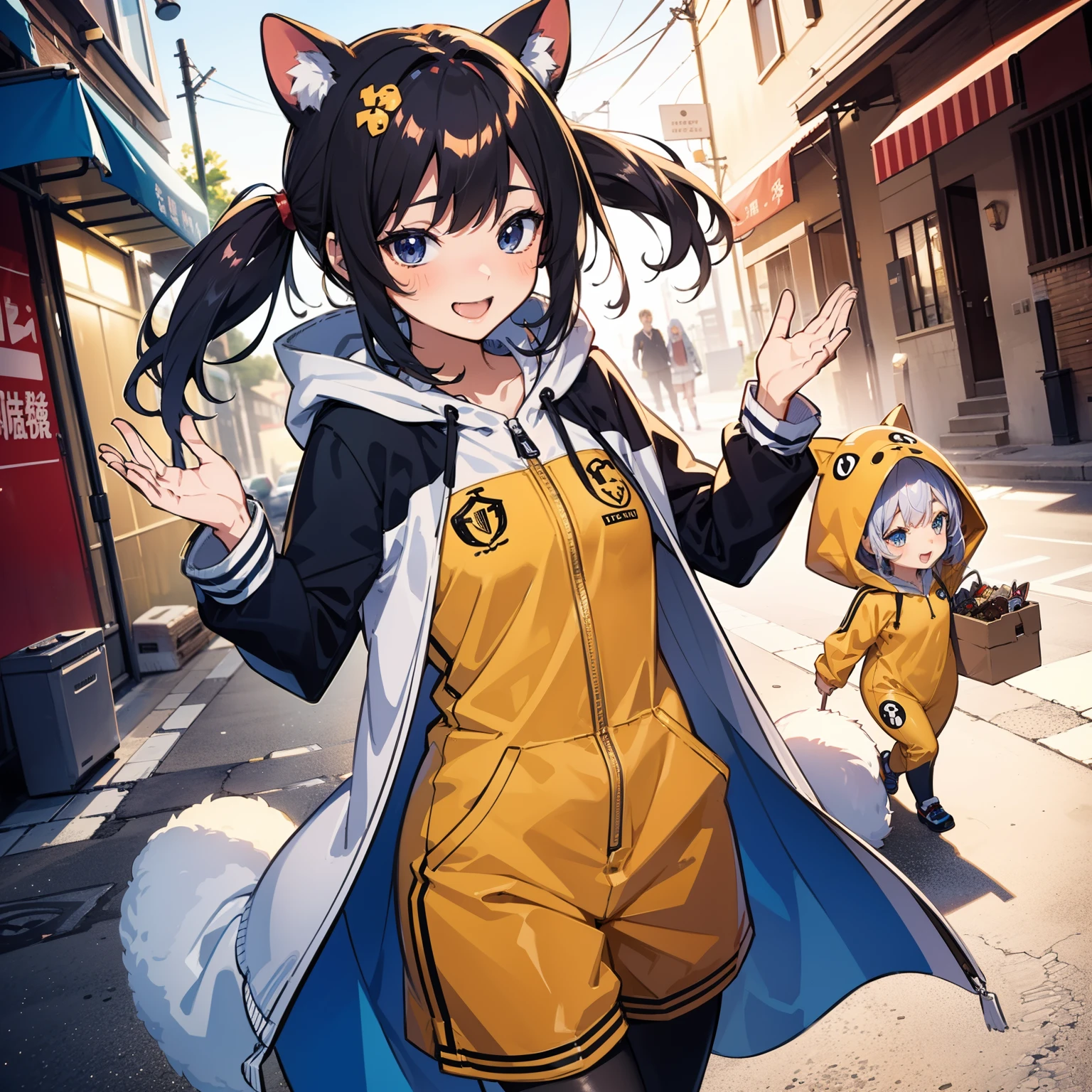 Cute chibi girls group shot, wearing animal fooded suits, kigurumi, SD character, Nendroid, walking, playing happy and cheerfully, outdoor, (ultra high resolution, 8K RAW photo, textile shading, anime style), simple background, bokeh,