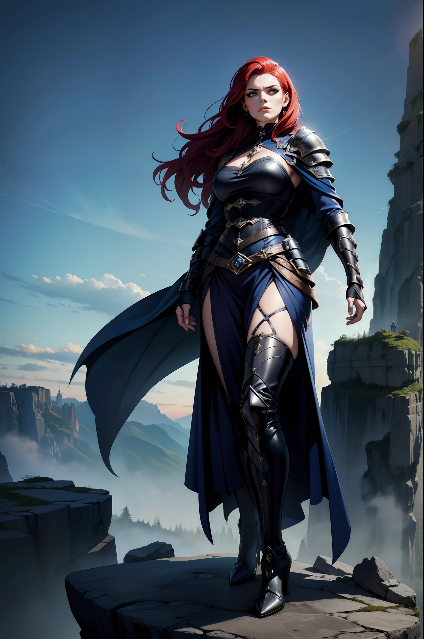 Personagem feminina ruiva de cabelo laranjado e curto, gothic armor, Own, standing on top of a raised stone in a challenging position with a serious facial expression, cor azul dos olhos, robe, manto, capuz, dramatic scene, Torre do Mago, entardecer, magnifica, 8k