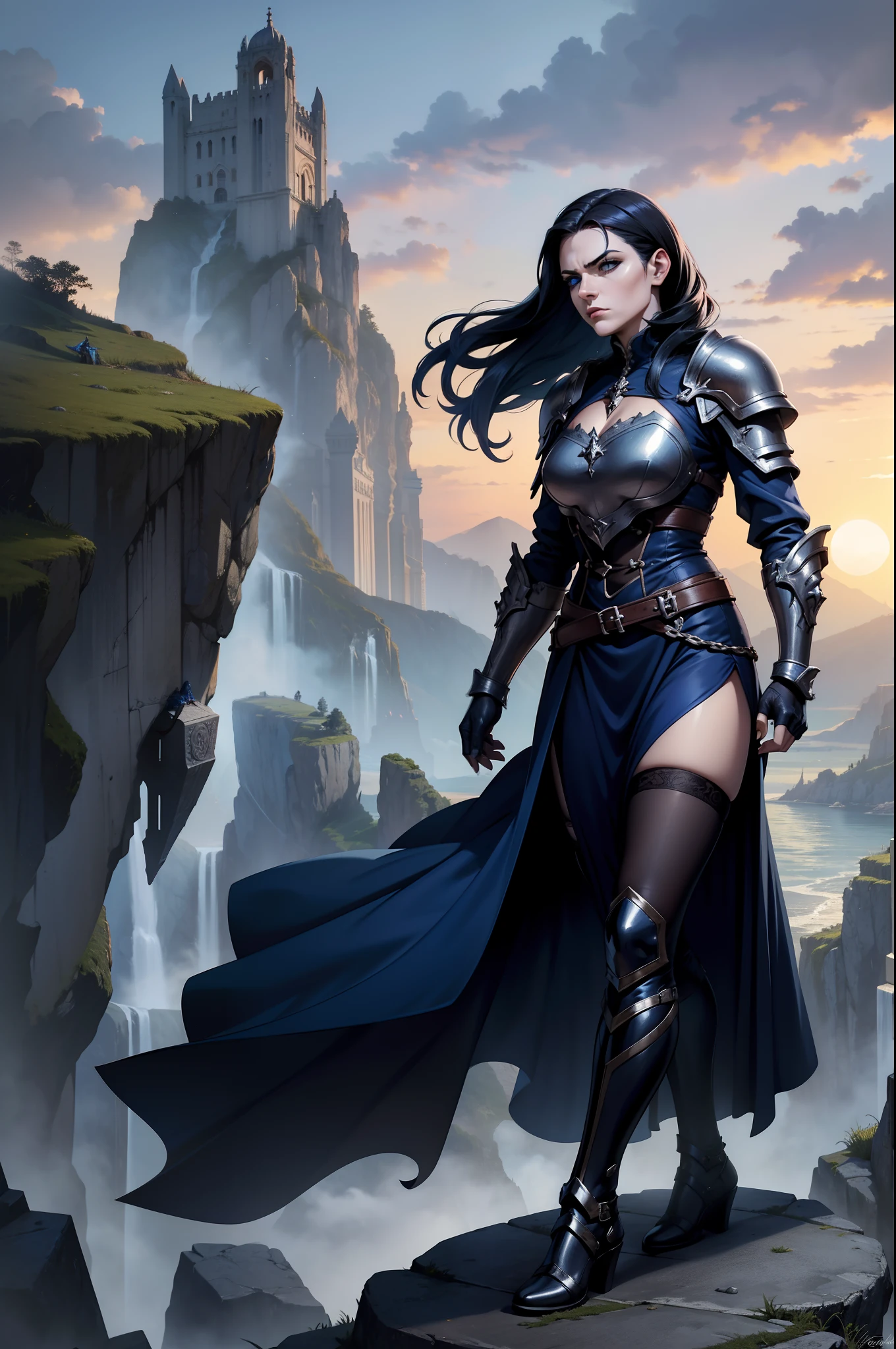 Personagem feminina ruiva de cabelo laranjado e curto, gothic armor, Own, standing on top of a raised stone in a challenging position with a serious facial expression, cor azul dos olhos, robe, manto, capuz, dramatic scene, Torre do Mago, entardecer, magnifica, 8k