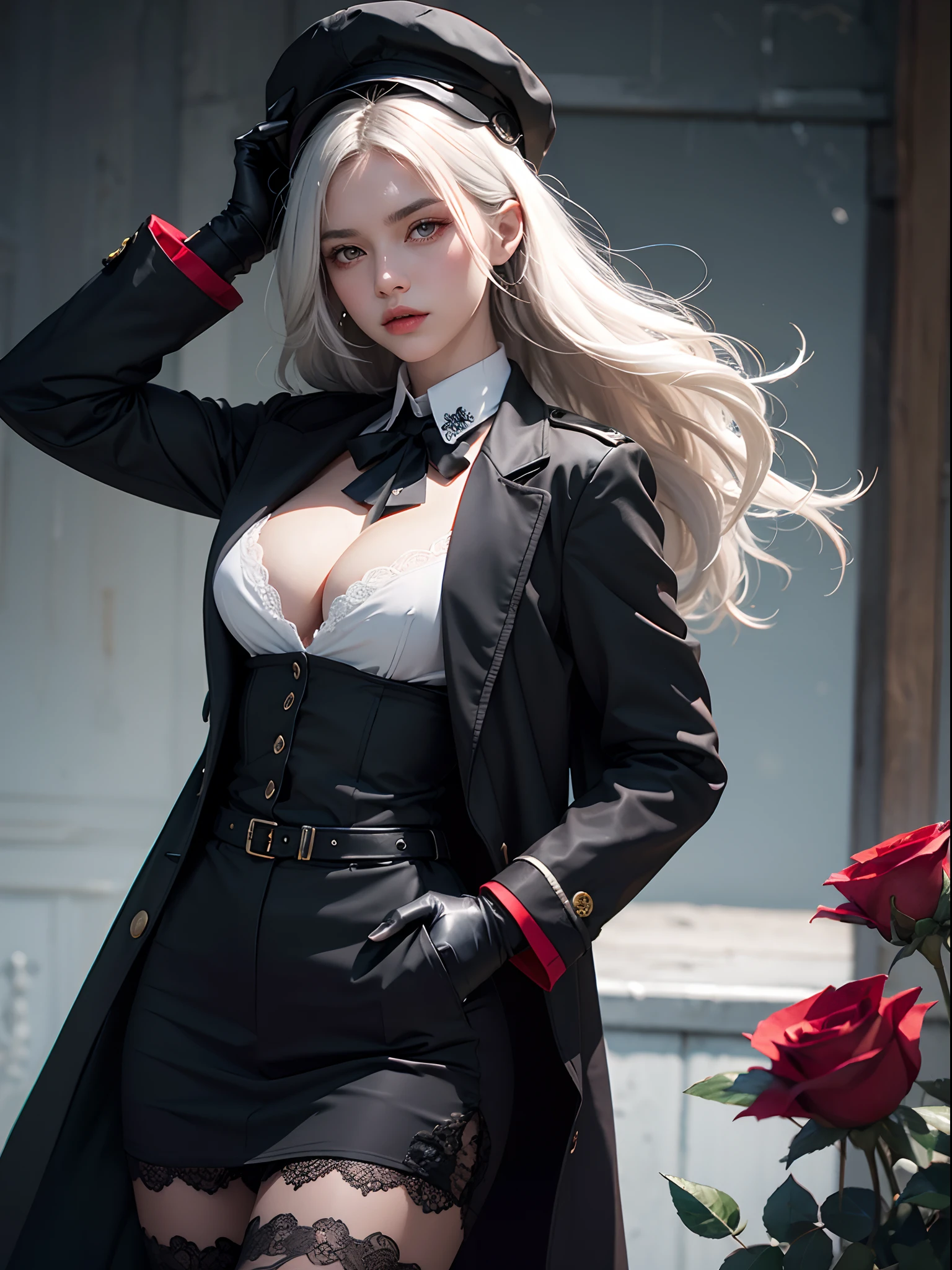 Unbeatable masterpiece, Ultra photo realsisim, Perfect artwork, Intricate details, Best quality, Strong light , High contrast, Dynamic pose, Dutch angle , Superskirt , White hair , Big breasts , Red eyes .High detail , Expressionless , (Glowing eyes) ,short-length straighthair , Red roses , Black gloves ,Trench coat , suit , corsage , Non- clothing , [rogue]] , wide brimmed hat ,Black suit cap , There is lace on the front ,